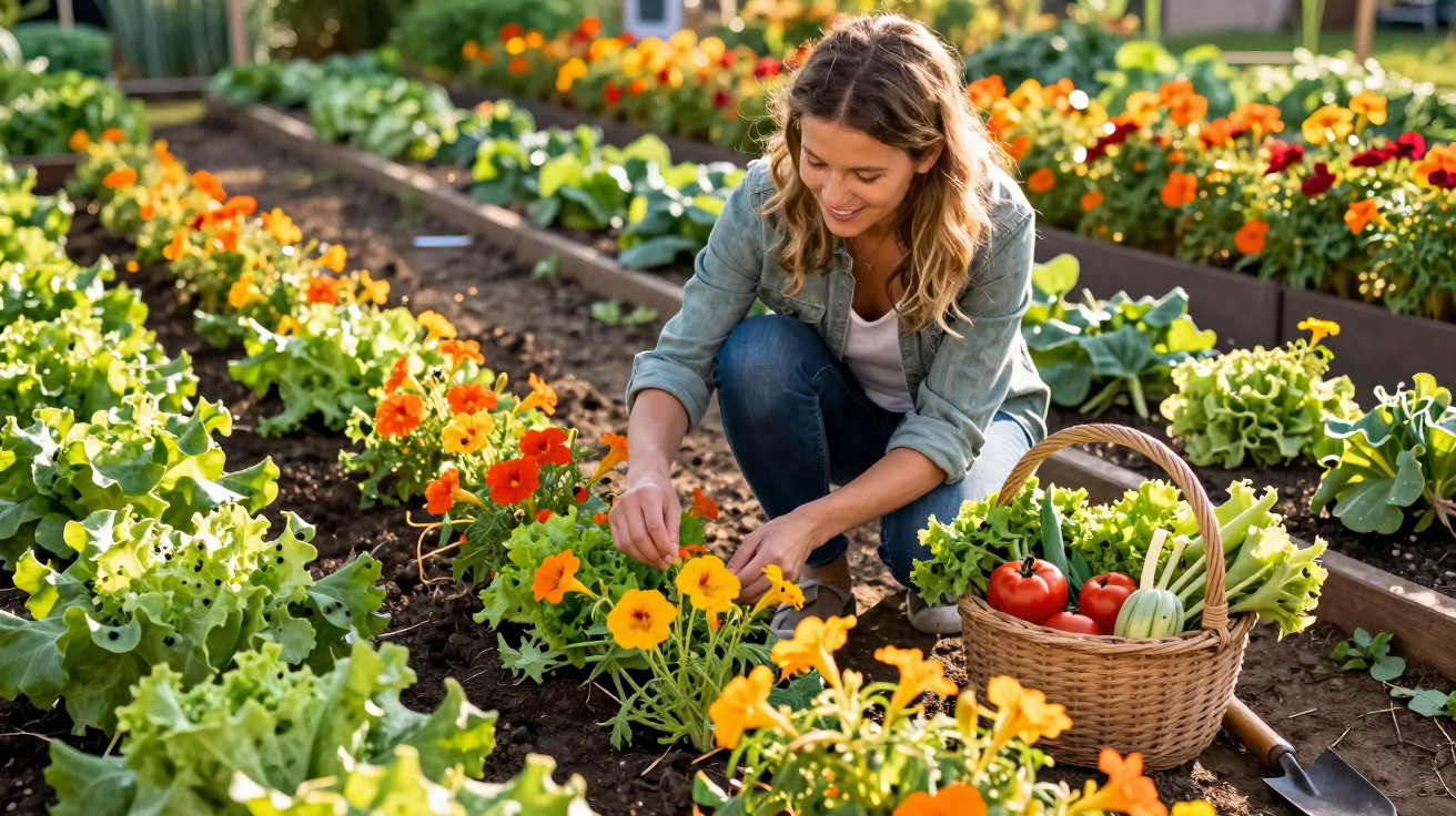 Mulher colhendo flores num jardim com cesta de legumes frescos ao lado, rodeada de plantas.