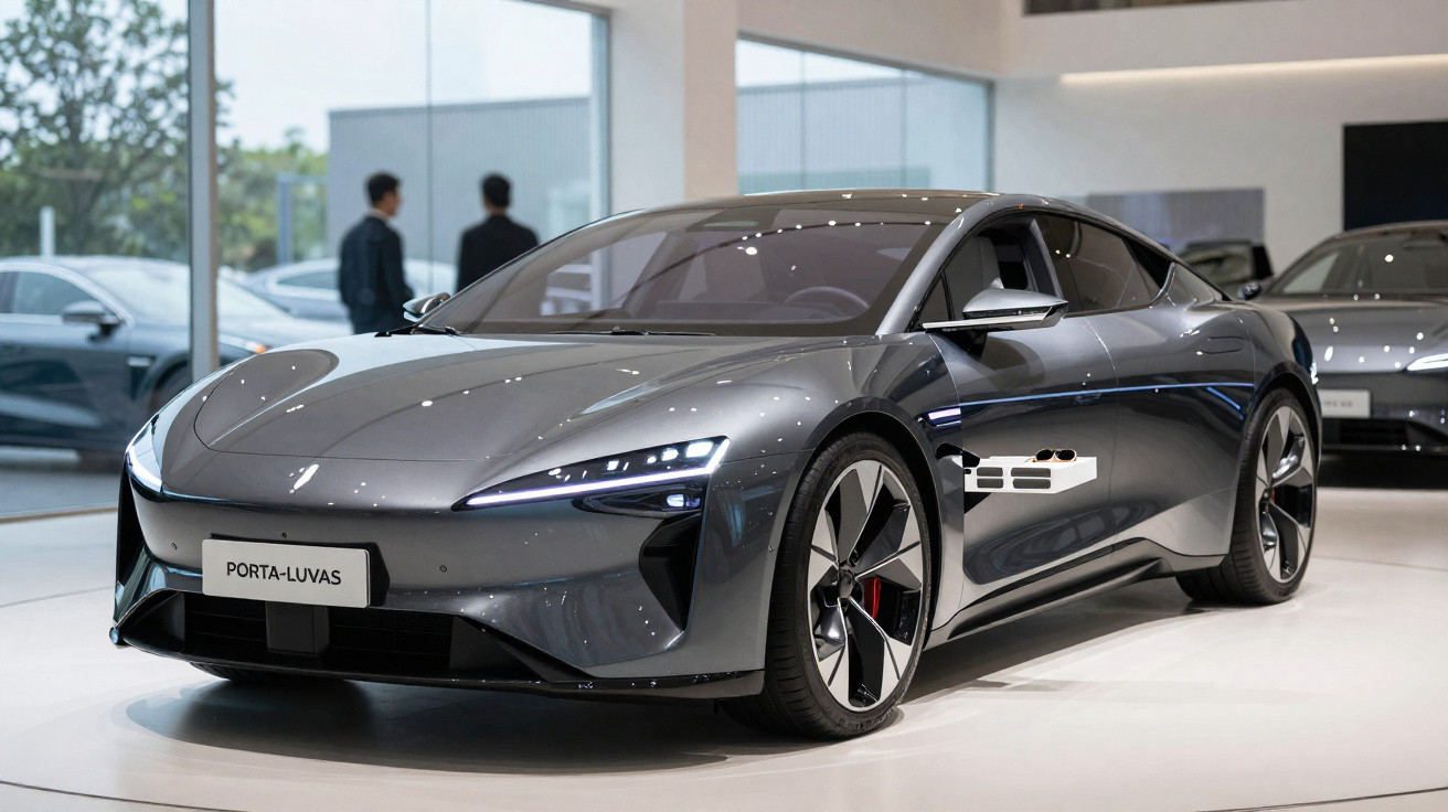 Carro desportivo cinzento elegante numa exposição automóvel com vidros e luzes LED.