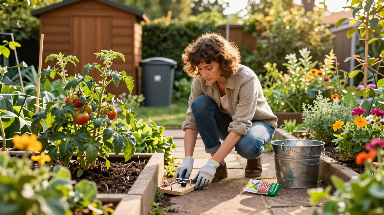 Pessoa jovem a cuidar de um jardim com hortícolas e flores em canteiros elevados ao ar livre.