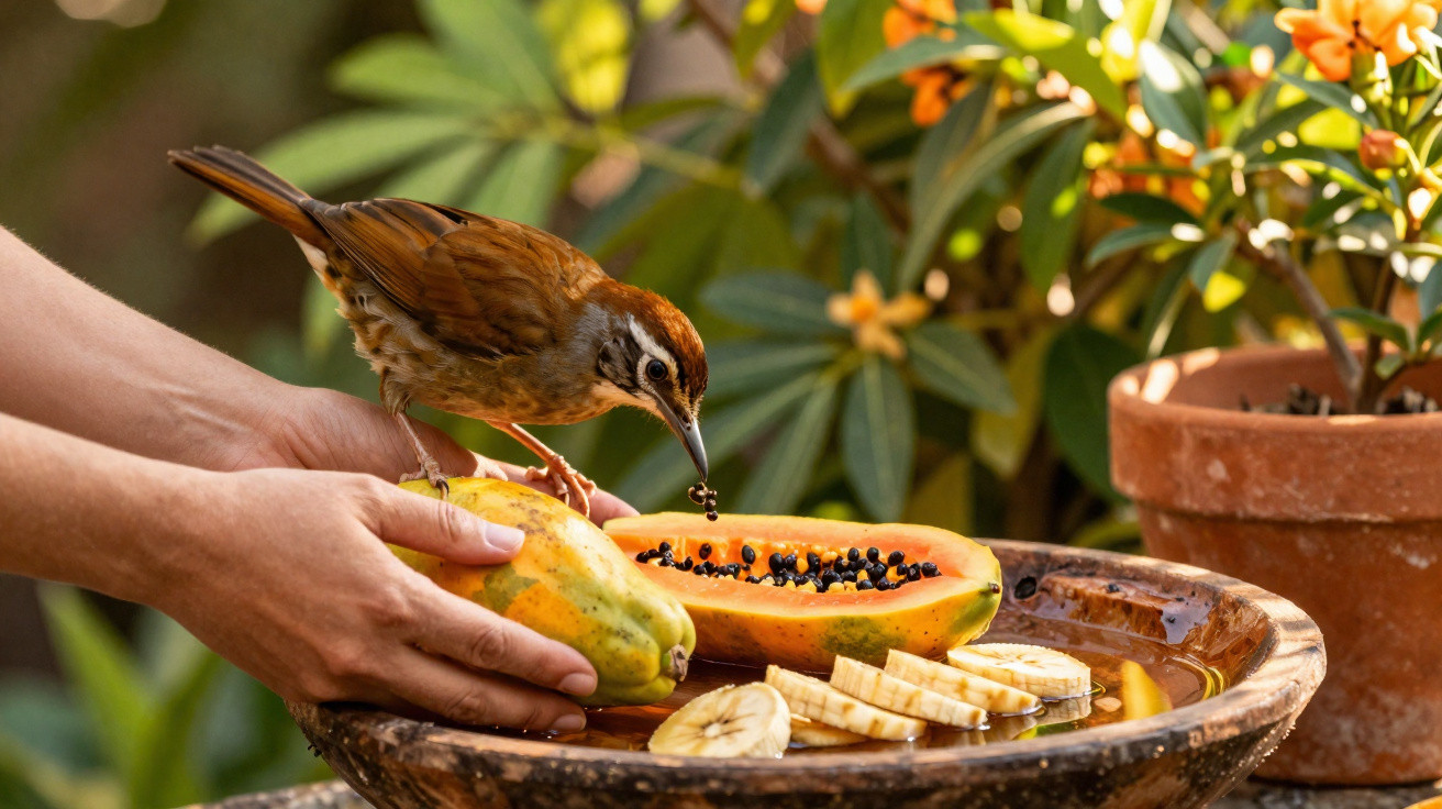 Pássaro pousado numa mão a comer papaia num prato com fatias de banana, com planta florida ao fundo.