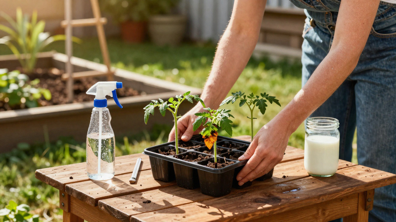 Pessoa a cuidar de plantas jovens num tabuleiro, com pulverizador e vidro com líquido branco na mesa de madeira.
