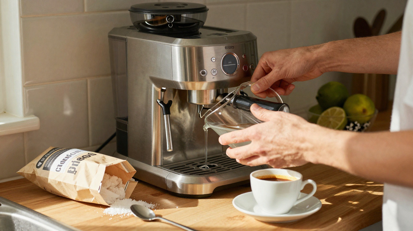 Pessoa a preparar café numa máquina de café expresso ao lado de saco e colher de farinha numa bancada.