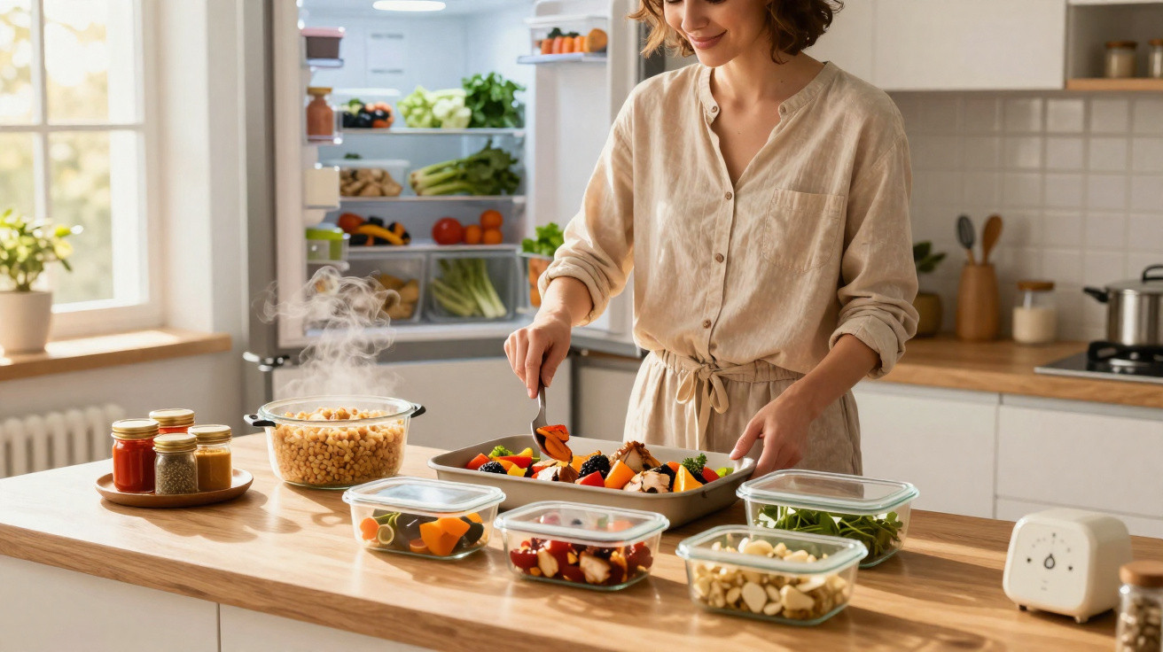 Mulher prepara refeição saudável com legumes e vegetais numa cozinha moderna e luminosa.