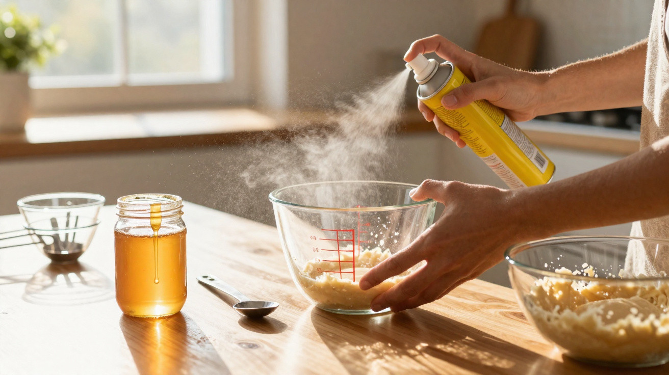 Pessoa a pulverizar spray de cozinha num recipiente de vidro com mistura para culinária numa bancada de cozinha iluminada.