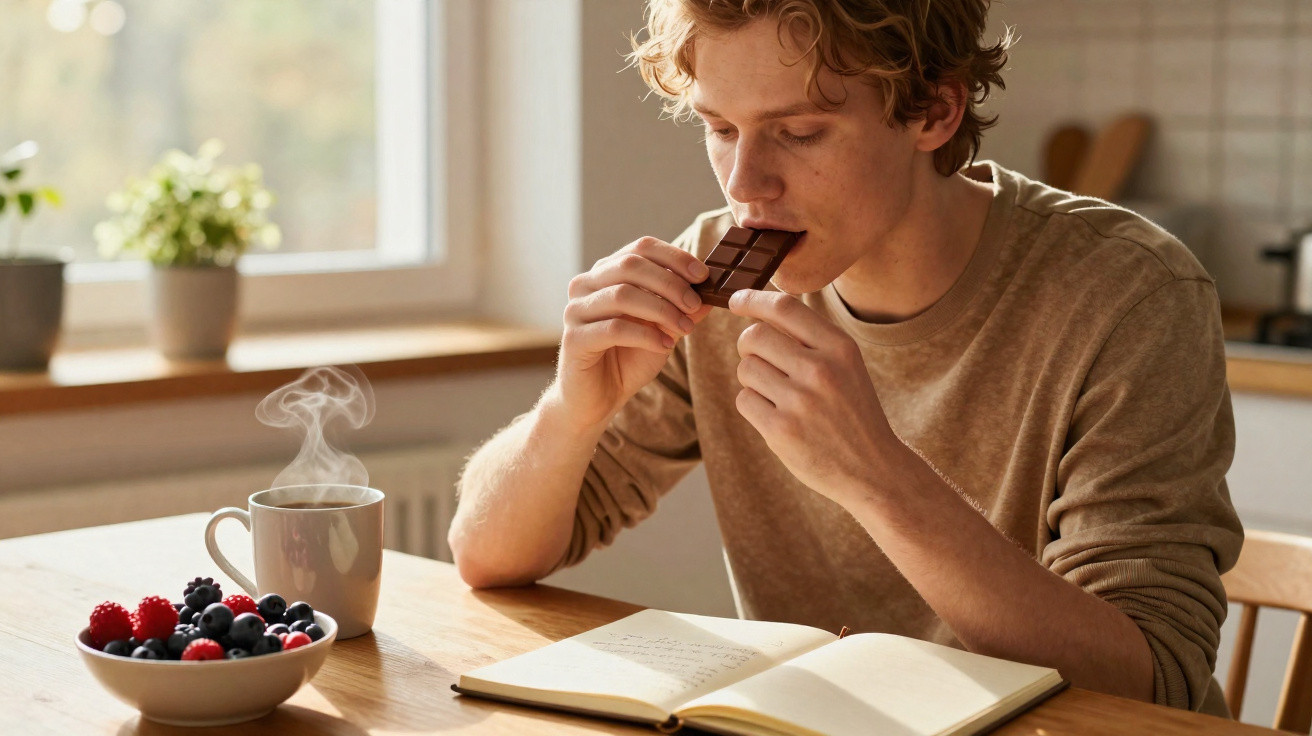 Jovem sentado à mesa a saborear chocolate, com chá e frutos vermelhos e um livro aberto à sua frente.