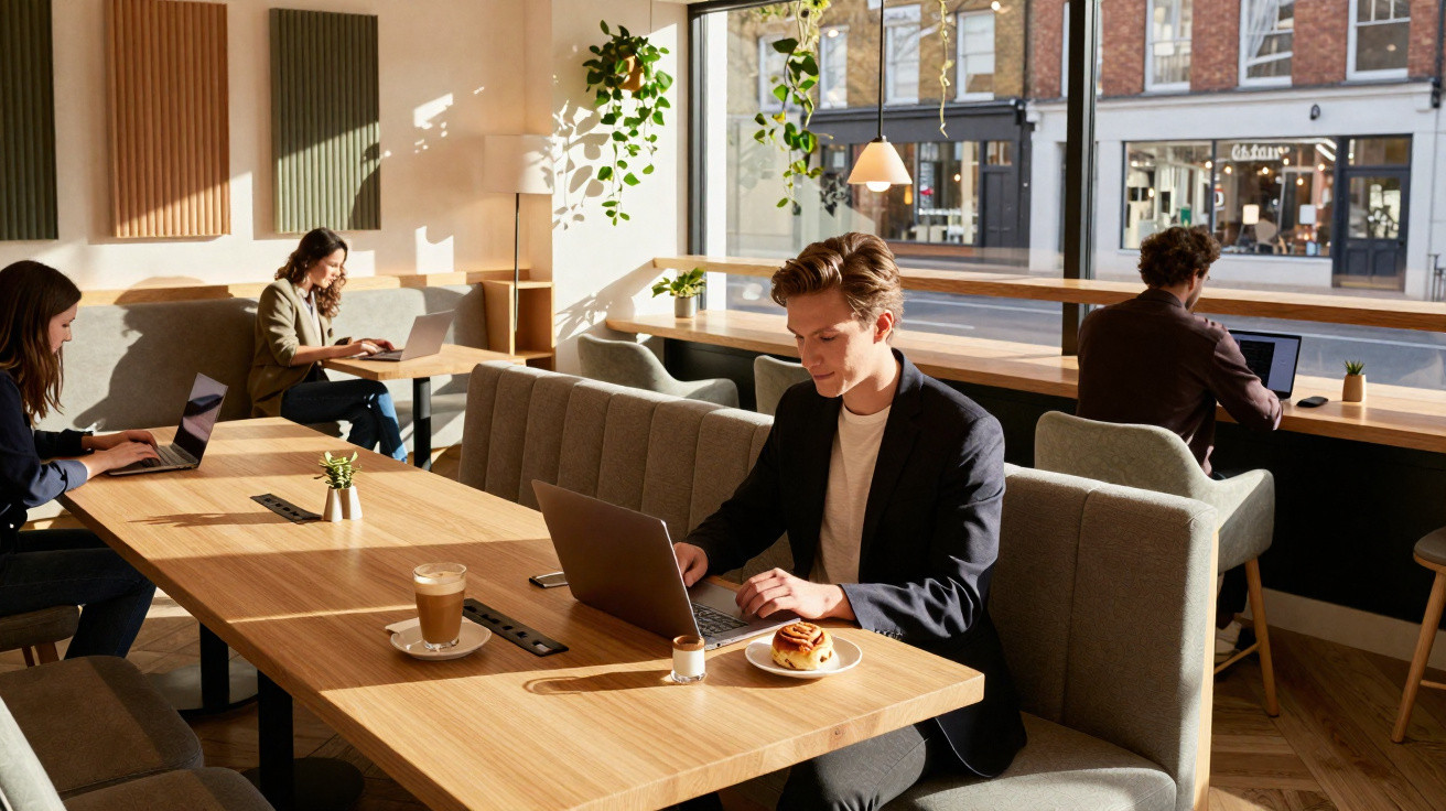 Pessoas a trabalhar em computadores portáteis num café com luz natural e decoração moderna.