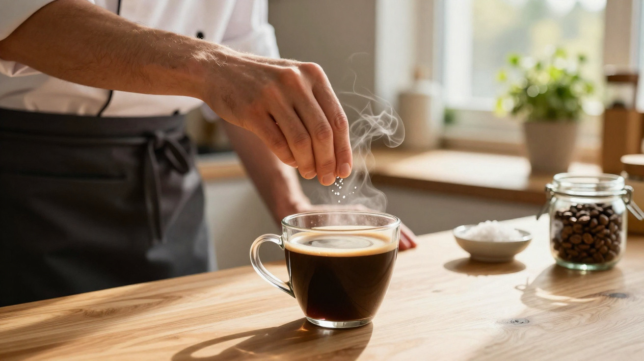 Pessoa a salpicar sal em chávena de café quente num balcão de cozinha com plantas ao fundo.