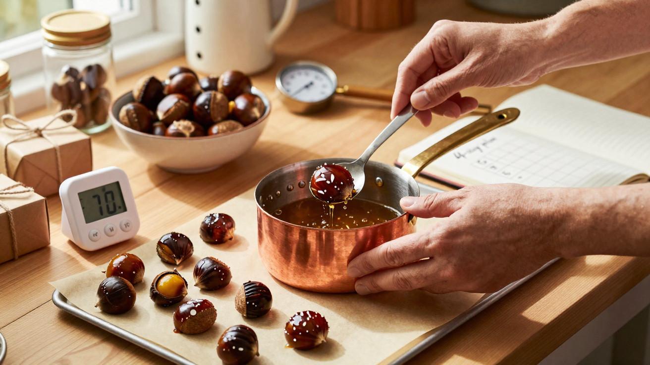 Mãos a mergulhar castanhas em calda quente numa colher, com castanhas dispostas e instrumentos na mesa.