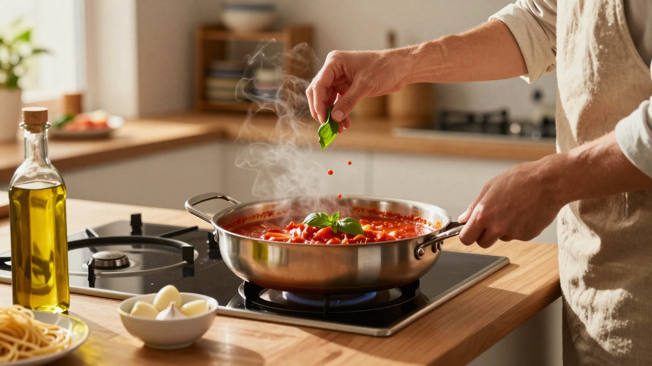 Pessoa a cozinhar molho de tomate fresco numa panela com manjericão na cozinha moderna.