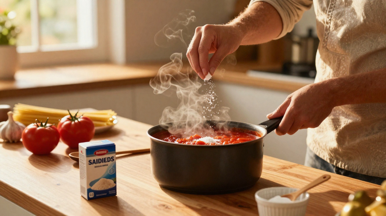 Pessoa a temperar molho de tomate fumegante numa panela na cozinha com ingredientes frescos à volta.