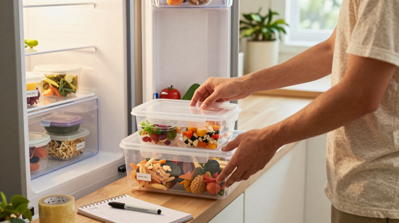 Pessoa a guardar recipientes com frutas e legumes frescos no frigorífico numa cozinha luminosa.