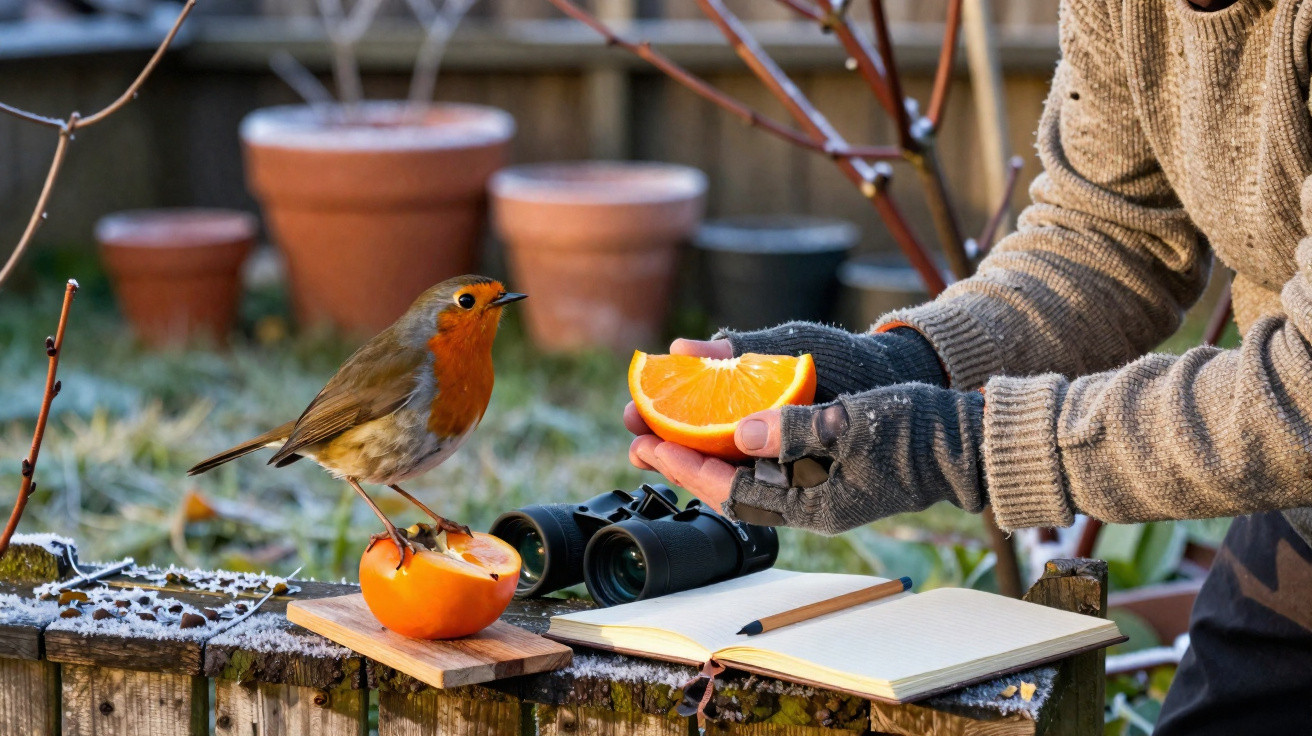 Pássaro com peito vermelho pousado numa fruta enquanto pessoa de luvas oferece uma fatia de laranja num jardim.
