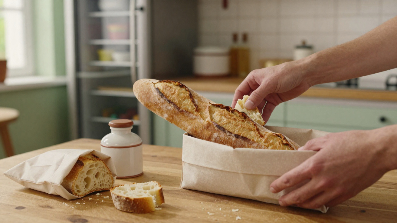Pessoa a colocar manteiga numa baguete numa cozinha com pão e recipiente em cima de uma mesa de madeira.
