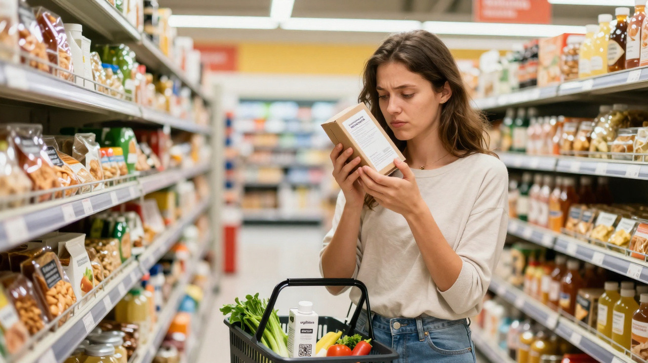 Mulher a analisar embalagem de produto em supermercado com carrinho de compras cheio de legumes e frutas.