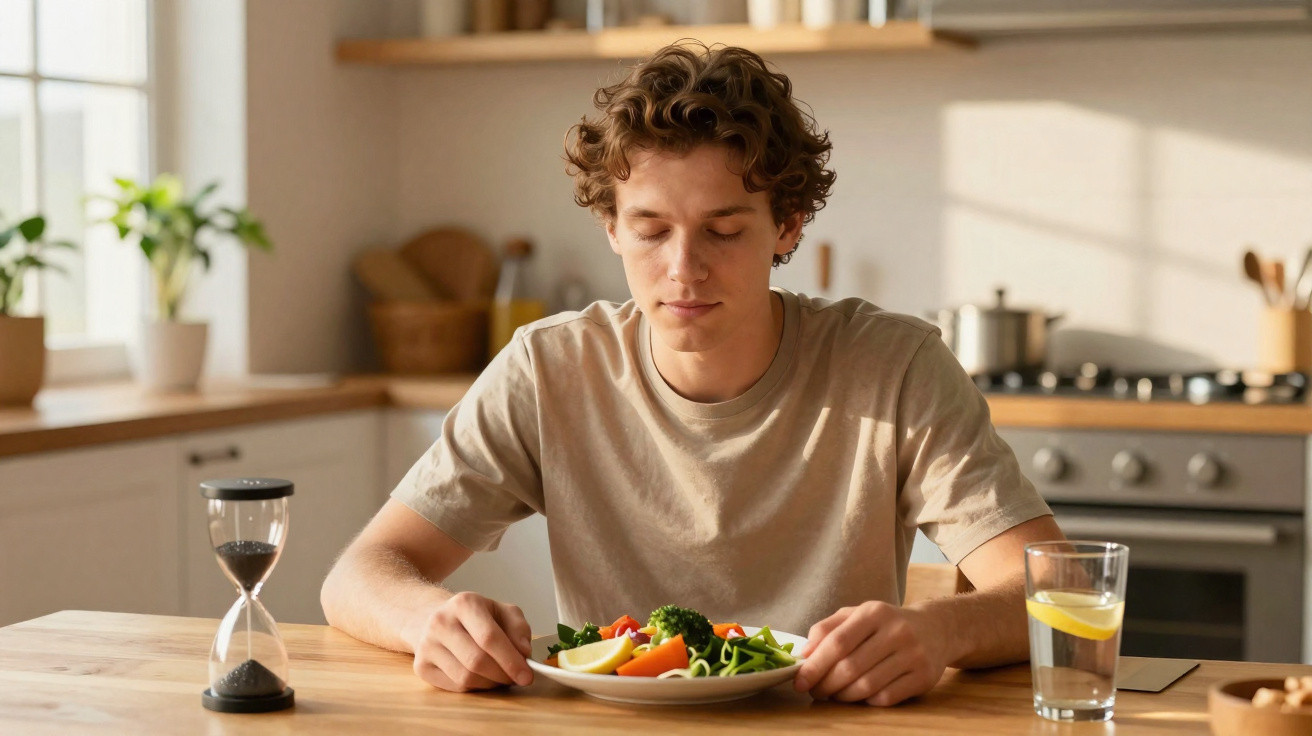 Jovem sentado à mesa, preparado para comer uma refeição saudável com legumes, com um copo de água e ampulheta ao lado.
