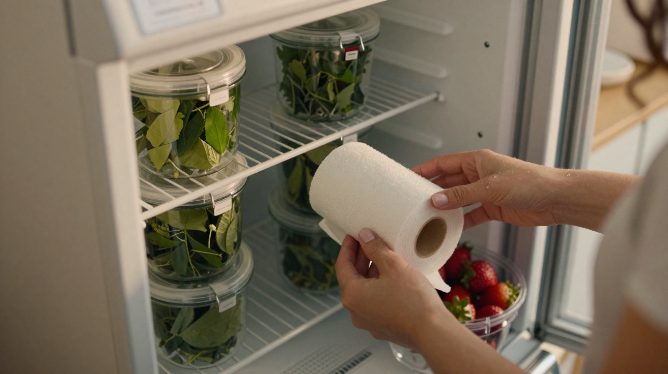 Mãos a retirar papel de cozinha perto de um frigorífico aberto com recipientes de folhas verdes e morangos.