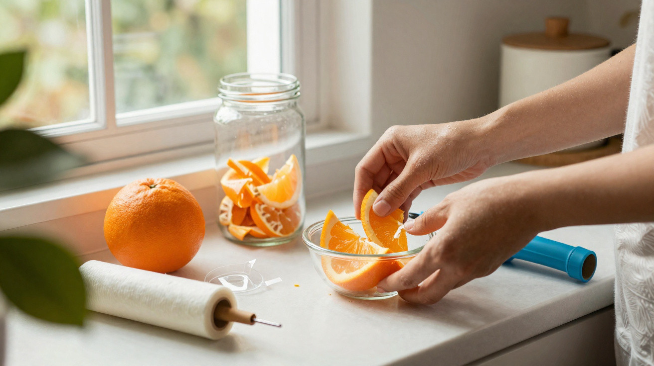 Mãos a colocar rodelas de laranja numa taça, com uma laranja inteira, frasco com cascas e película na bancada.