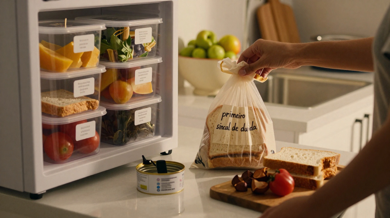 Mão a segurar saco com pão rotulado "primeiro sinal de dúvida" numa cozinha moderna com recipiente de comida e legumes.