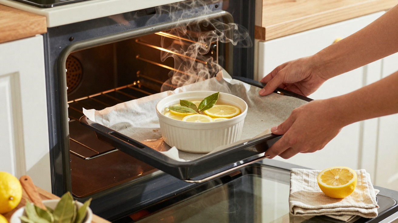 Pessoa a colocar tabuleiro com recipiente branco e limões fatiados num forno aberto numa cozinha.