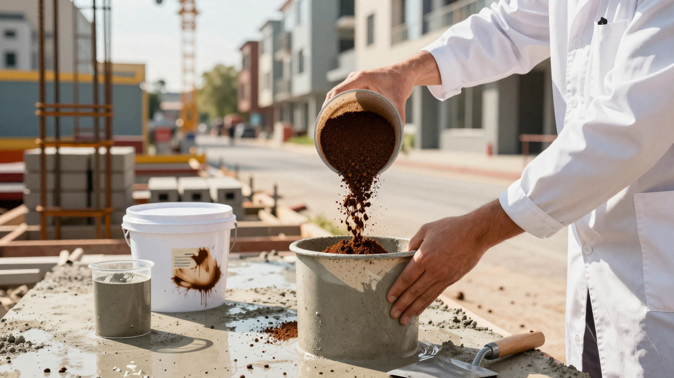 Pessoa a verter terra em cilindro de metal para teste de compactação em obra urbana.