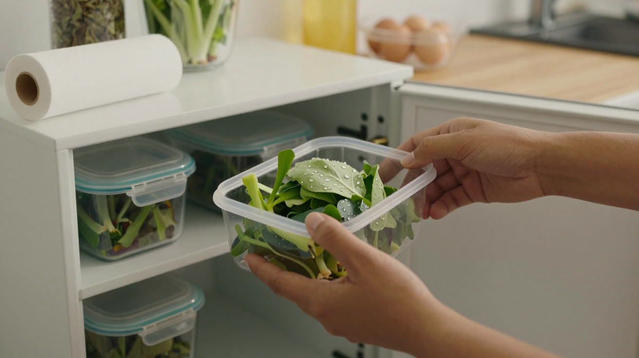 Pessoa a guardar verduras frescas com gotas de água em caixa plástica numa despensa de cozinha.