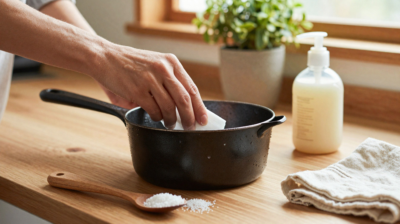 Mão a limpar panela de ferro com sal grosso e papel num balcão de cozinha junto a planta e detergente líquido.