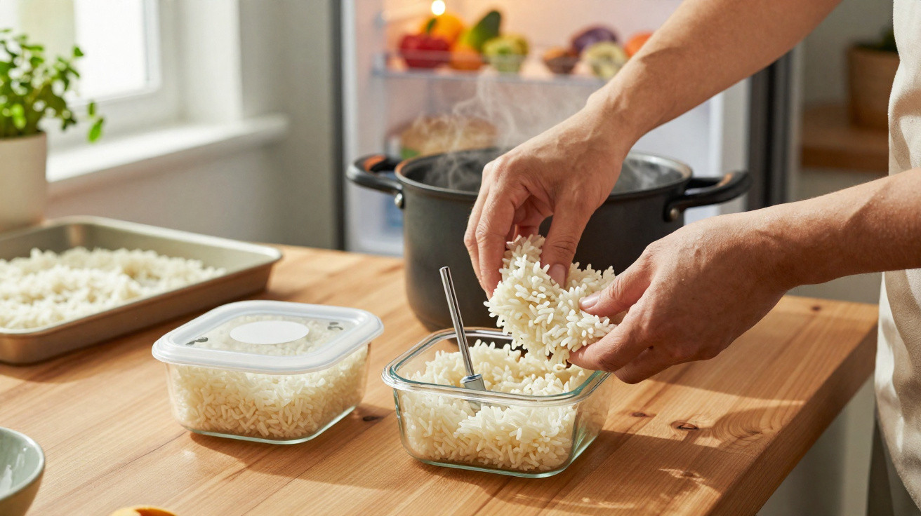 Mãos a colocar arroz cozido num recipiente de vidro numa cozinha com tacho e alimentos ao fundo.