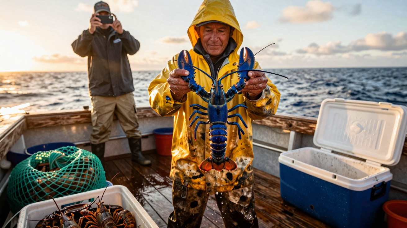 Pescador em fato amarelo segura uma lagosta azul num barco com caixas de captura no mar ao pôr do sol.
