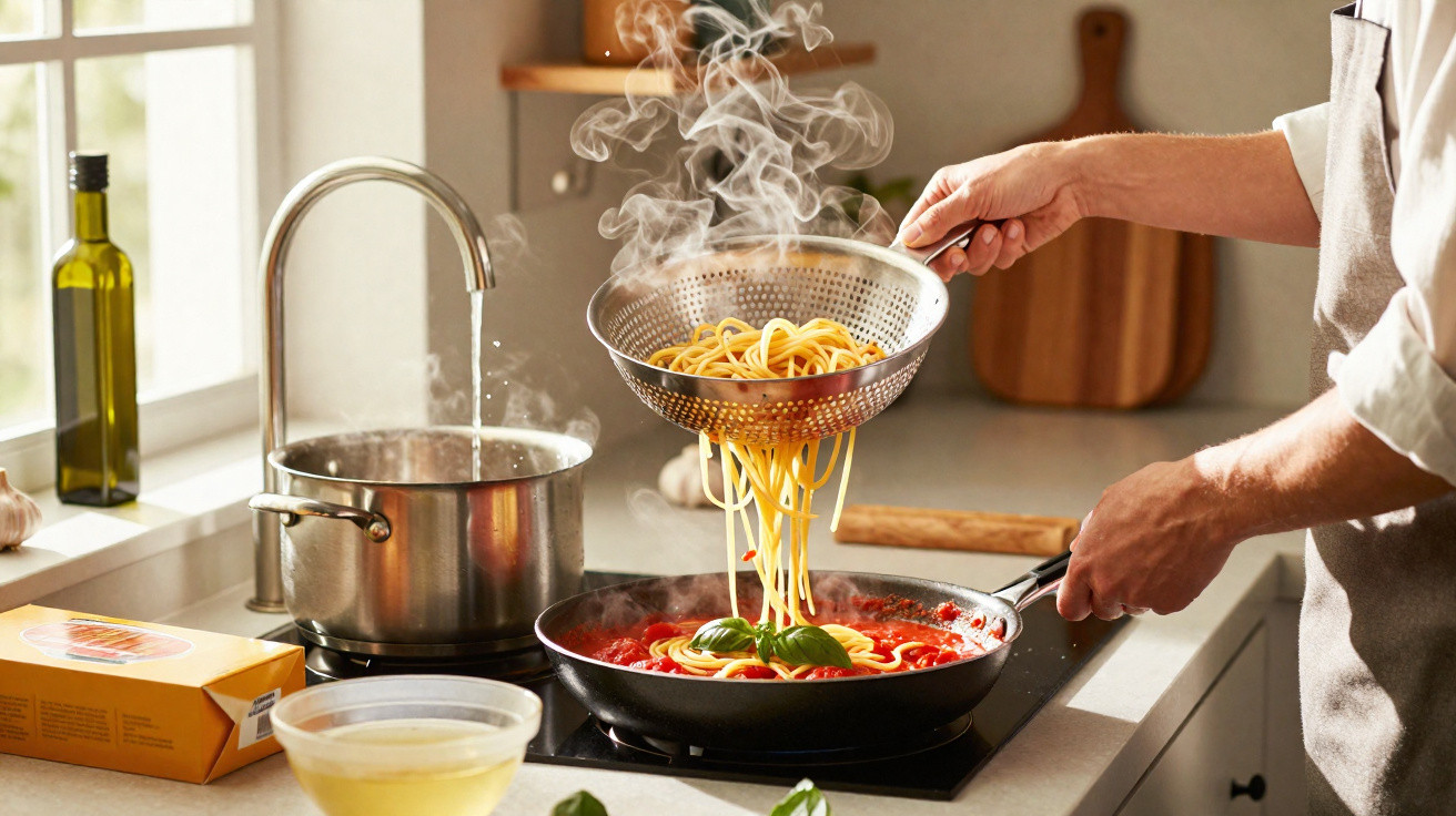 Pessoa escorrendo esparguete da panela para frigideira com molho de tomate numa cozinha iluminada.