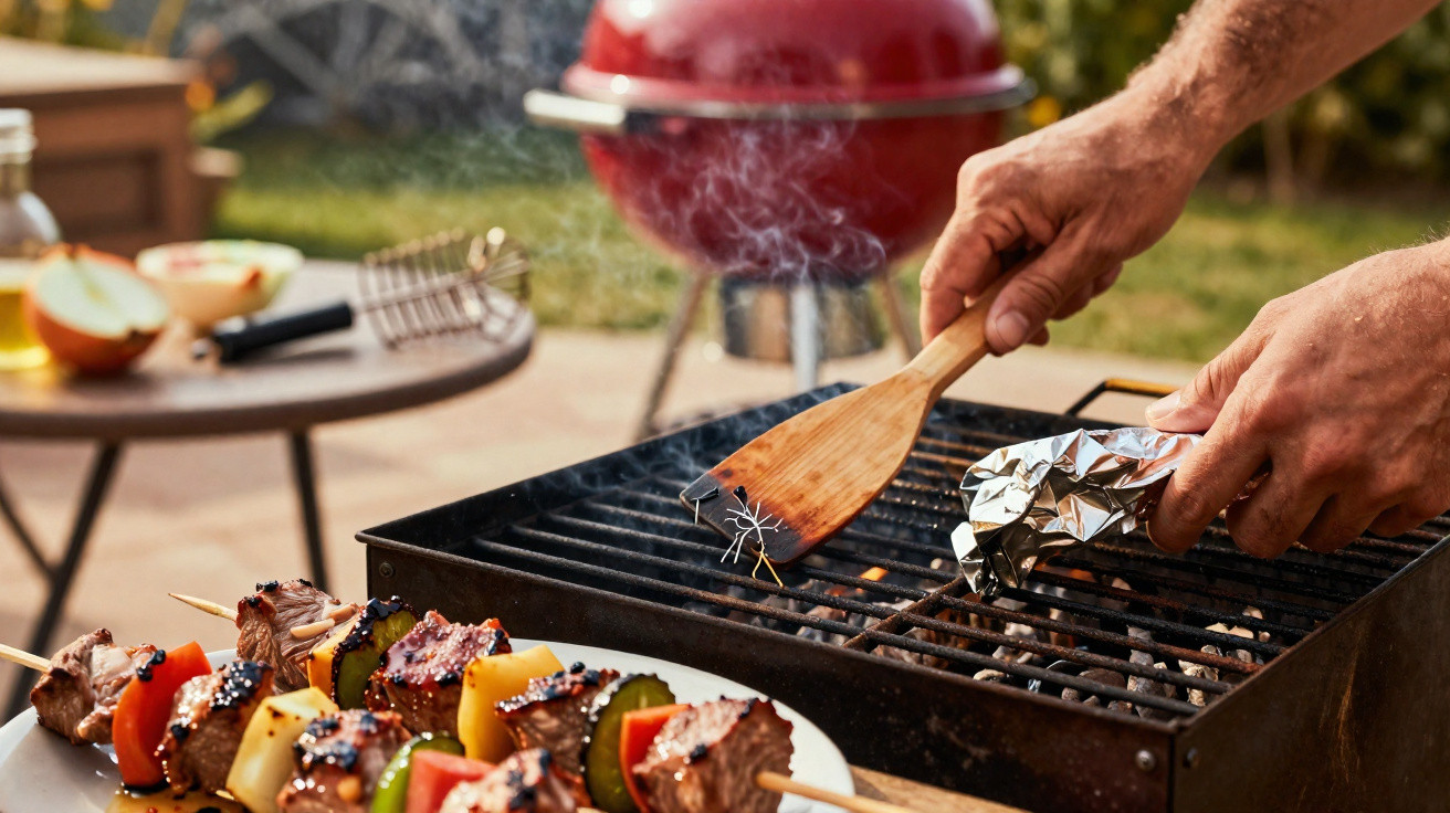 Pessoa a limpar a grelha de um churrasco a carvão com espetadas de carne e legumes em primeiro plano.