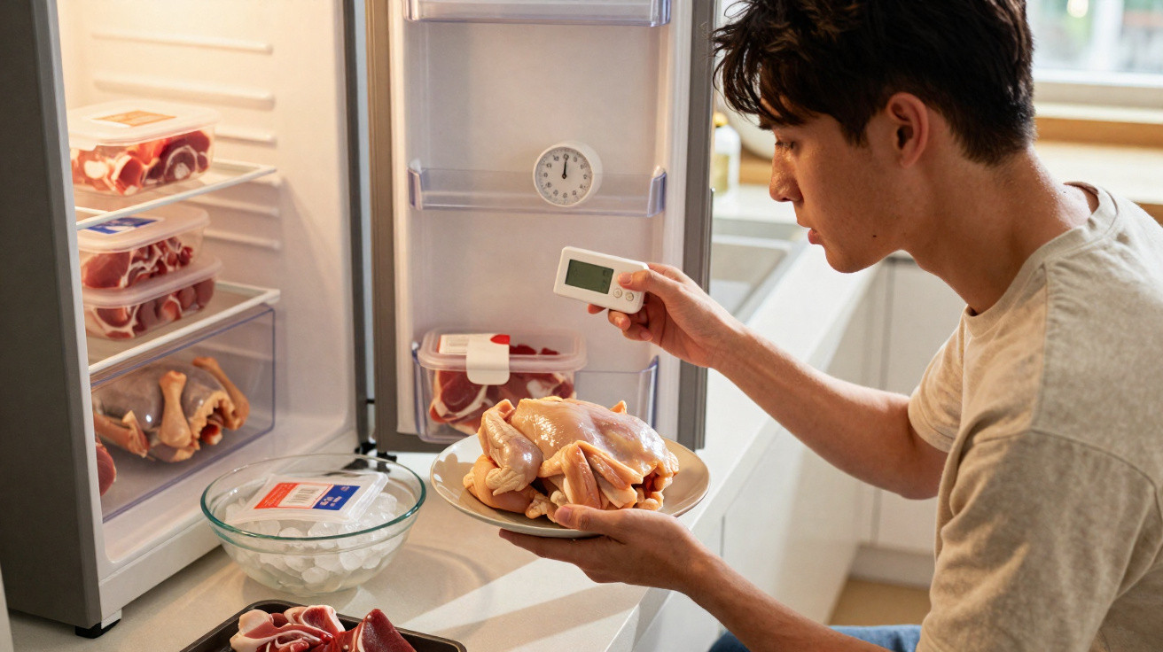 Homem verifica temperatura de frango cru com termómetro na cozinha junto a frigorífico aberto.