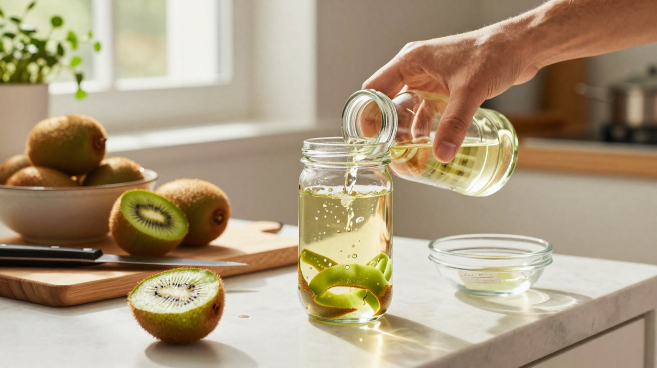 Pessoa a verter líquido num frasco com cascas de kiwi, sobre um balcão de cozinha iluminado pela janela.