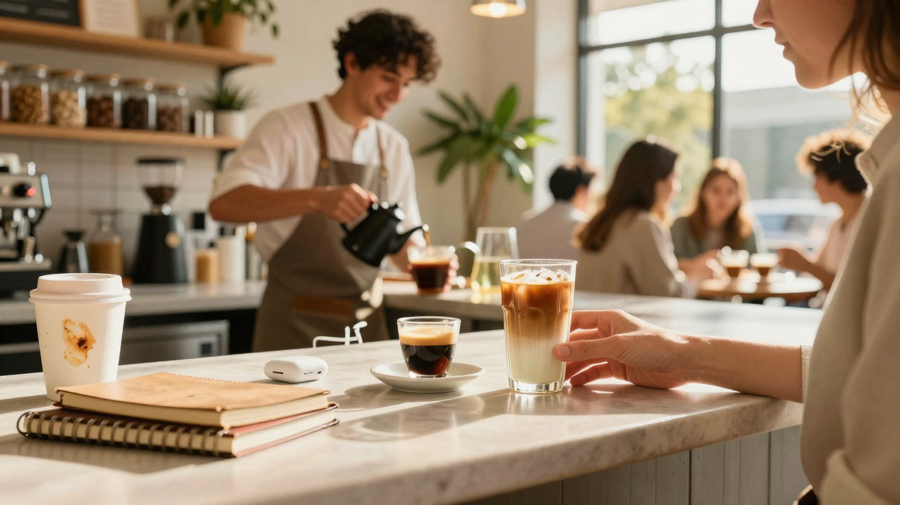 Pessoa a segurar um copo de café com leite gelado num café, enquanto um barista prepara café ao fundo.