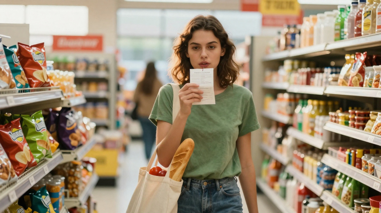 Mulher jovem com saco de compras e lista na mão faz compras num supermercado entre prateleiras com produtos.