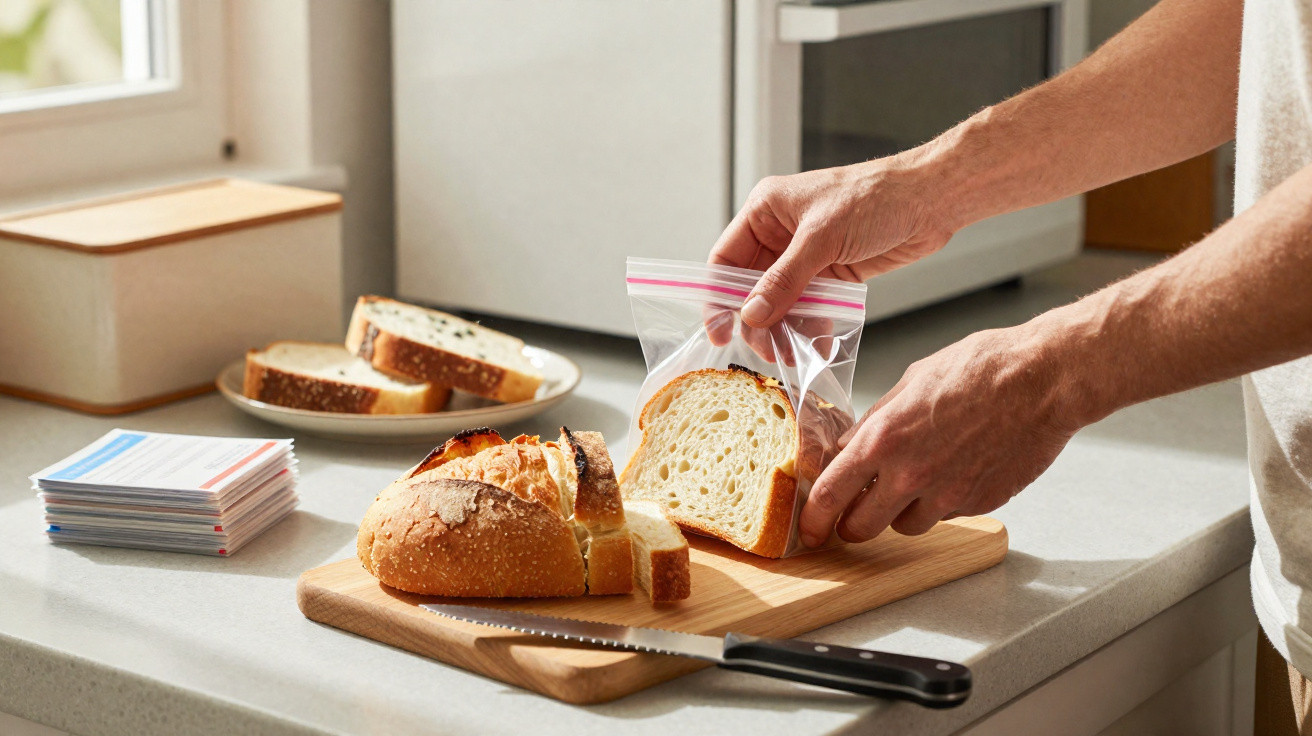 Pessoa a colocar fatias de pão de forma num saco plástico transparente na cozinha sobre bancada cinza.