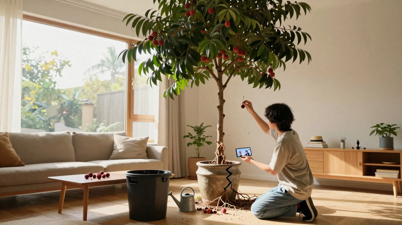 Pessoa a fotografar frutos de uma árvore em vaso no interior de uma sala luminosa e decorada.