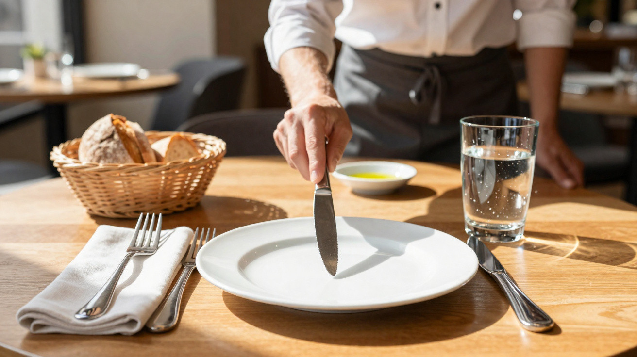 Pessoa a preparar mesa com faca, prato vazio, copo de água e cesto de pão num restaurante.