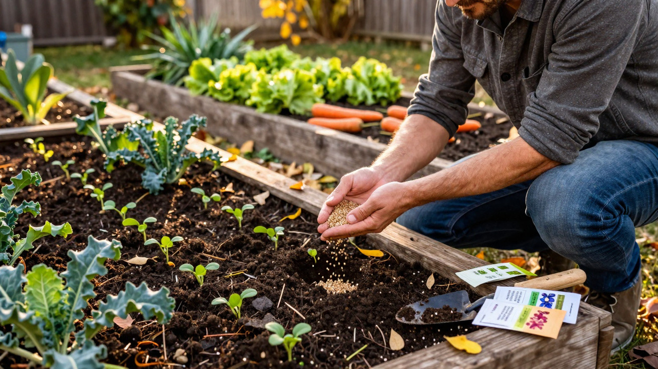 Pessoa a semear no canteiro de jardim com verduras e cenouras à volta.