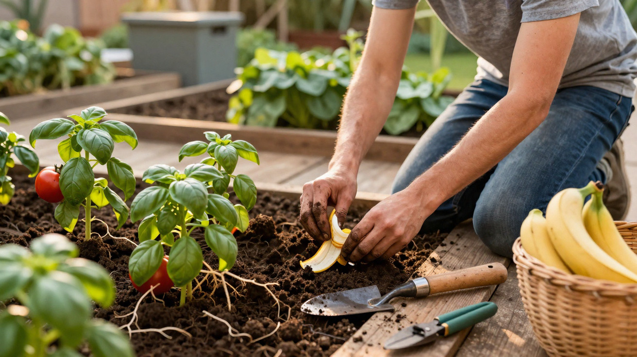 Pessoa a usar casca de banana como fertilizante na jardinagem, com ferramentas e bananas num cesto ao lado.