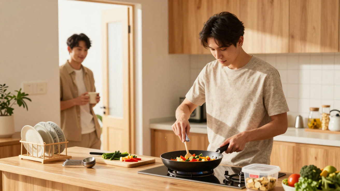Homem cozinhar legumes numa frigideira na cozinha enquanto outra pessoa observa com chá na mão.