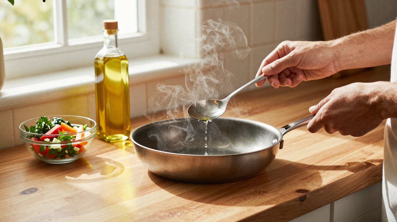 Mãos a deitar óleo numa frigideira quente com vapor, ao lado de tigela de legumes e garrafa de azeite.