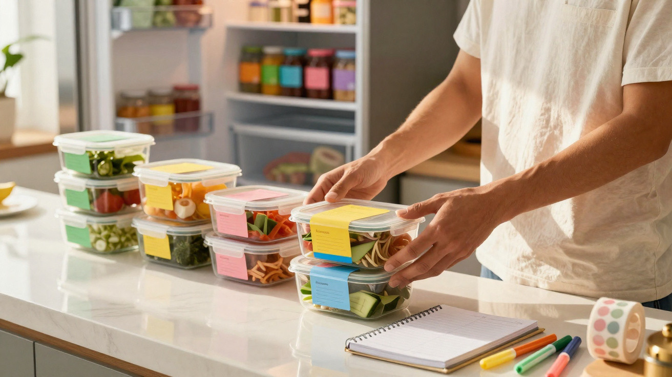 Pessoas a organizar táperes com legumes cortados e etiquetas coloridas numa bancada de cozinha.