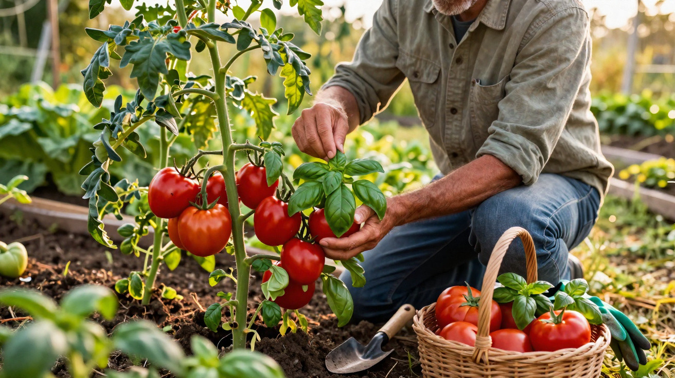 Homem a colher tomates vermelhos maduros numa horta com cesta cheia de tomates ao lado.