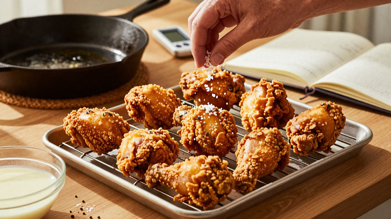 Mãos polvilhando sal em pedaços de frango frito crocante numa grelha sobre tabuleiro numa cozinha.