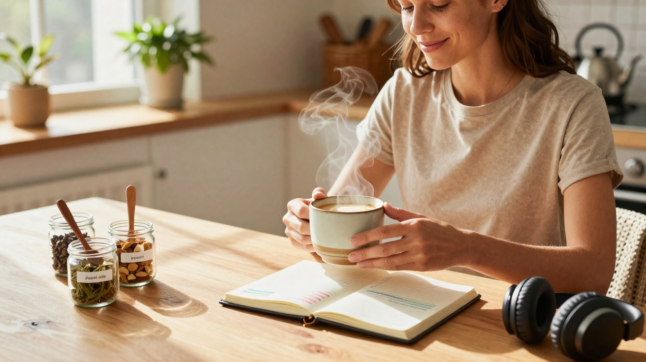 Mulher sentada à mesa a segurar chá quente, com livro aberto, frascos de chás e auscultadores na cozinha iluminada.