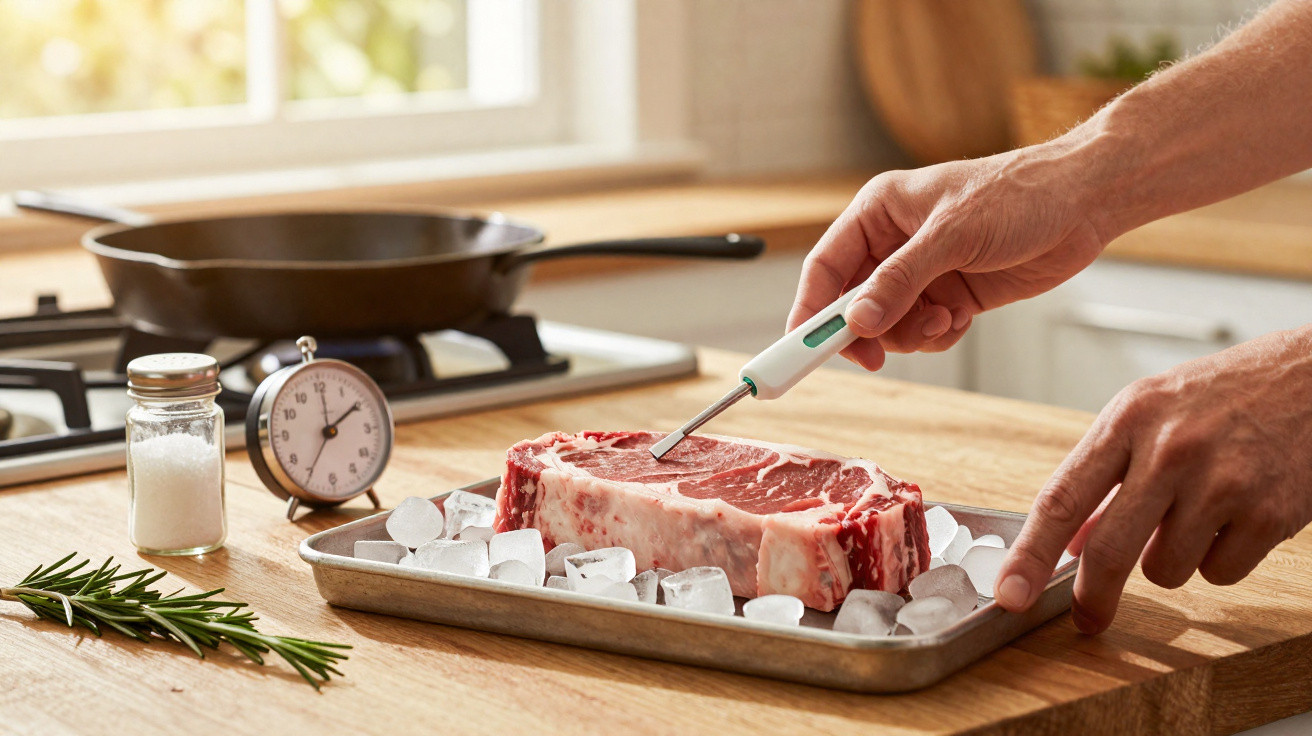 Pessoa a medir a temperatura de um bife crú numa tabuleiro com cubos de gelo numa cozinha.