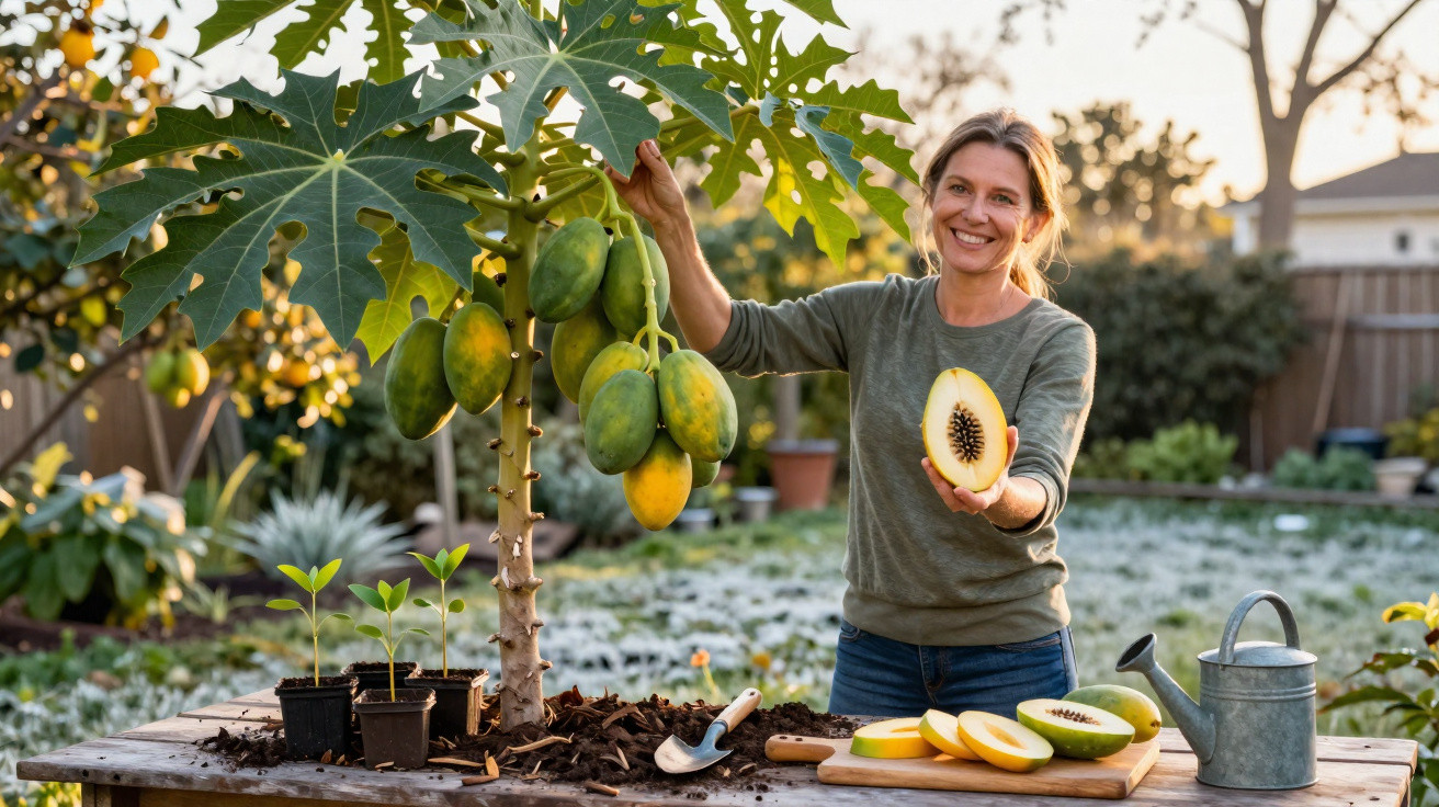 Mulher sorridente mostra metades de papaia junto a árvore de papaia e utensílios de jardinagem num jardim.