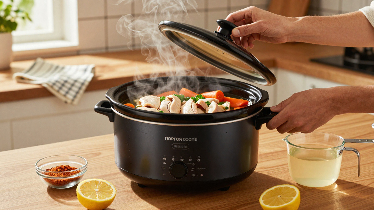Panela elétrica com carne, legumes e ervas a cozinhar numa cozinha luminosa.