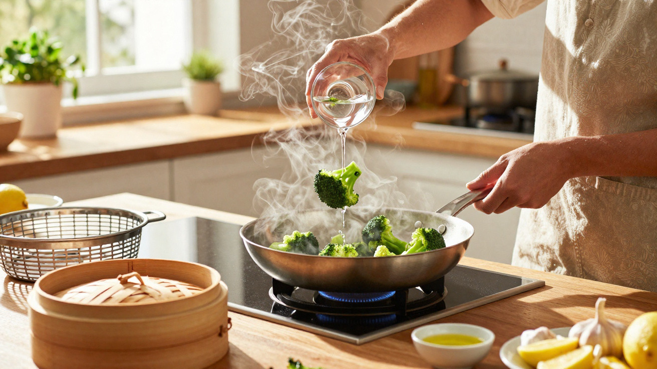 Pessoa a cozinhar brócolos a vapor num fogão a gás, regando com água numa cozinha iluminada.