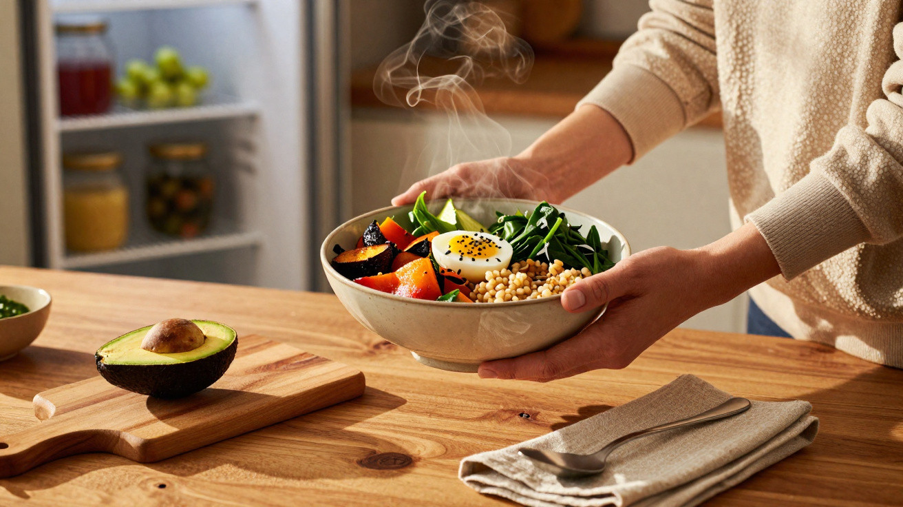 Pessoa a segurar uma tigela com salada quente contendo ovo, espinafres, abóbora e cereais, perto de meio abacate.